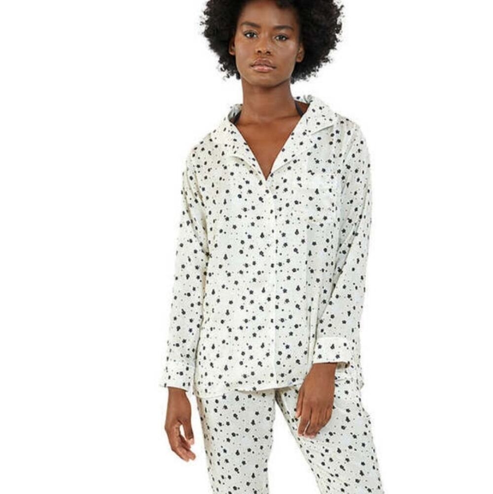 Plush Apparel Revolve Satin Floral Pajama Set NWT Cream Black 3pc Top Pants XS
